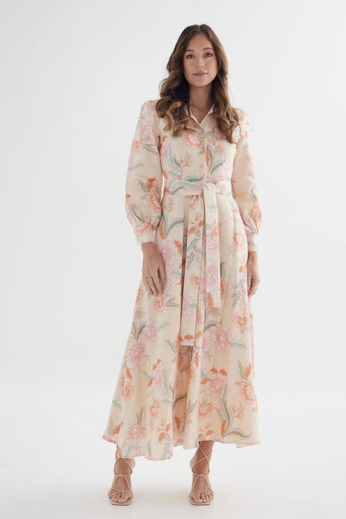 Iris Dress Batik– Organic Linen Maxi Shirt Dress