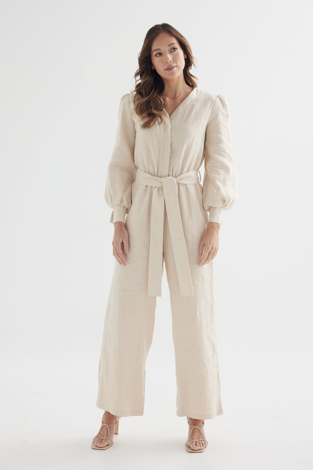 Tulip Jumpsuit – Sand Linen Nursing-Friendly