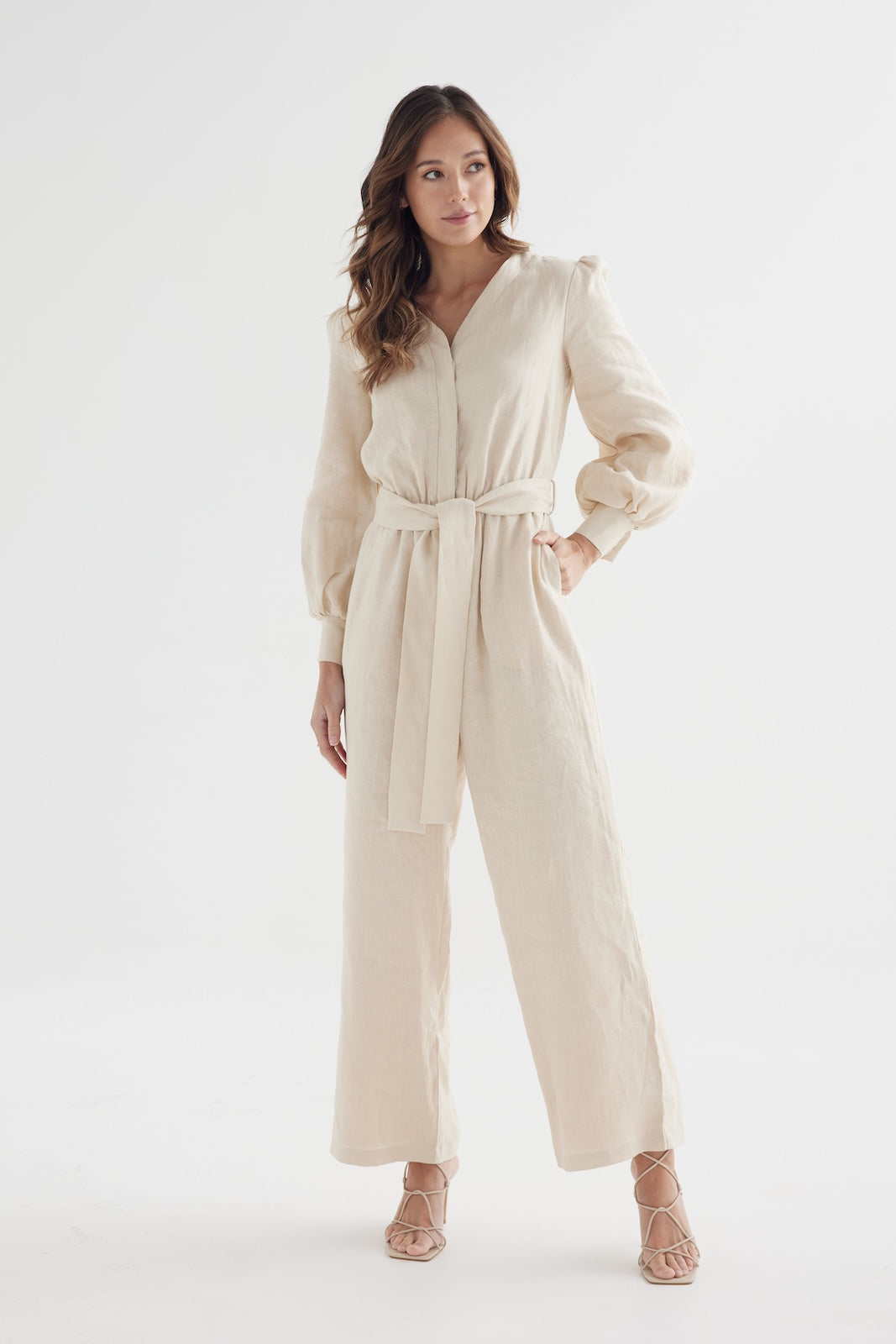 Tulip Jumpsuit – Sand Linen Nursing-Friendly