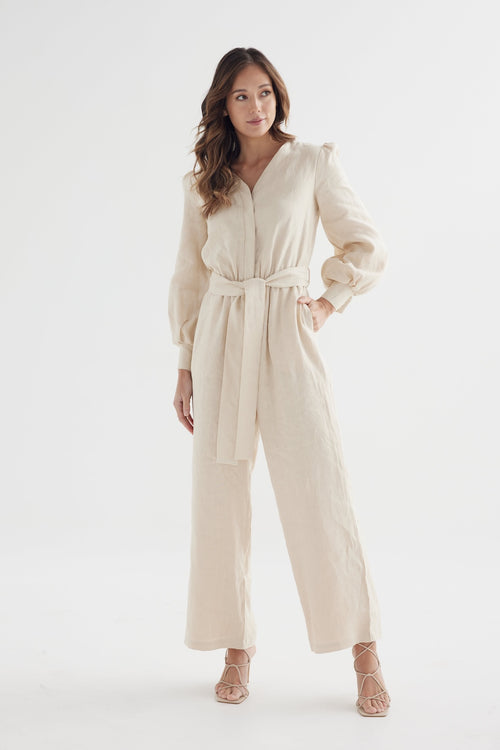 Tulip Jumpsuit – Sand Linen Nursing-Friendly