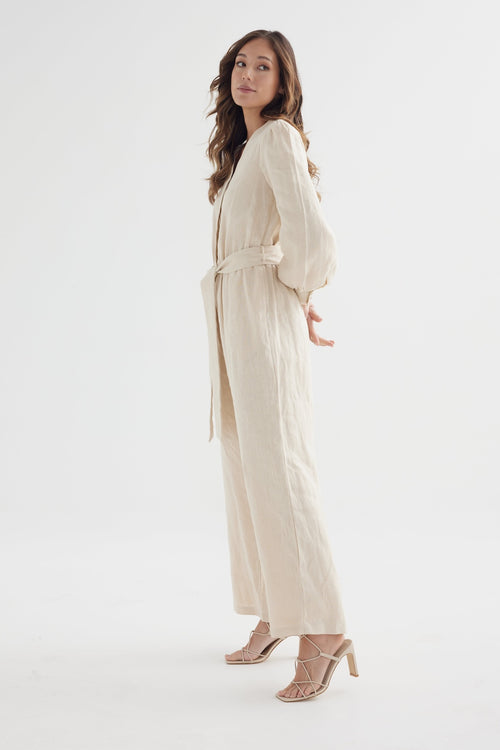 Tulip Jumpsuit – Sand Linen Nursing-Friendly