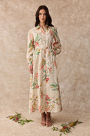 Juno Dress Linen Maxi Shirt Dress Australis Print