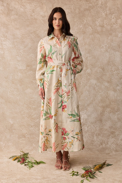 Juno Dress Linen Maxi Shirt Dress Australis Print