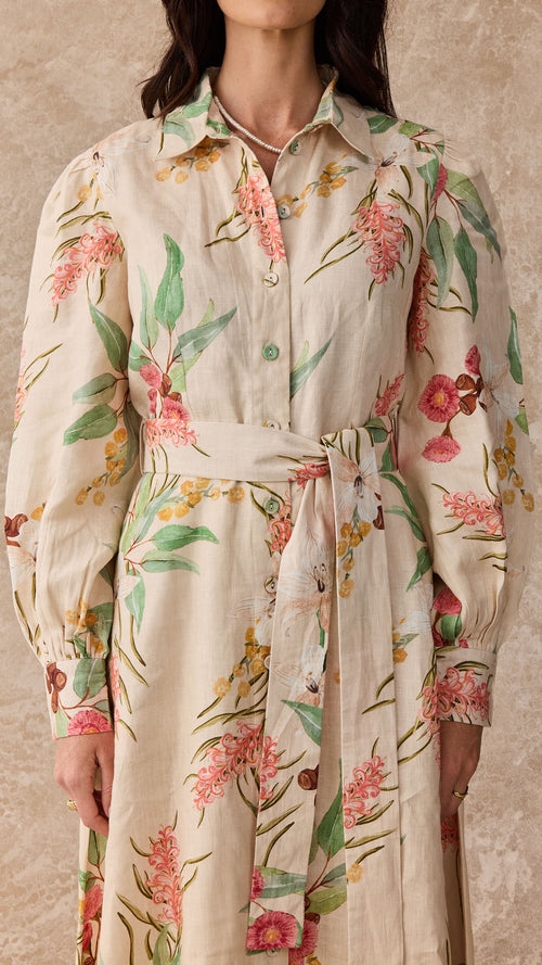 Juno Dress Linen Maxi Shirt Dress Australis Print