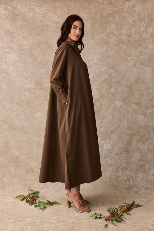 Lilly Pilly Cotton Shirt Maxi Dress Cacao