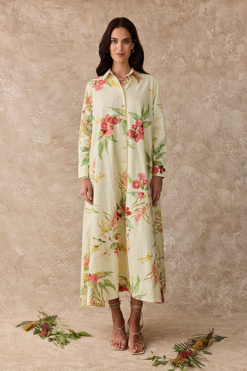 Lilly Pilly Cotton Shirt Maxi Dress Australis Print