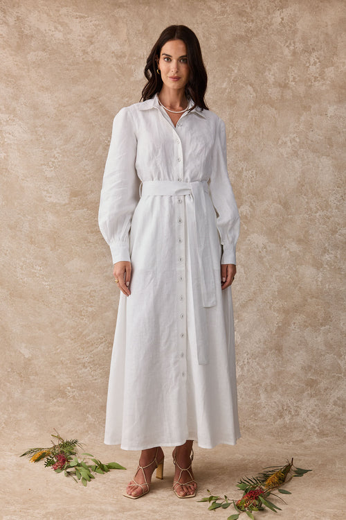Juno Dress Linen White Maxi Shirt Dress