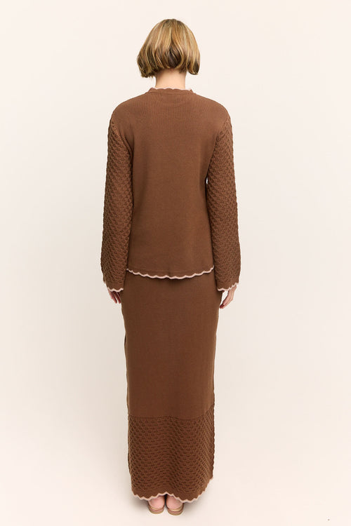 Camellia Scallop Knit Maxi Skirt Chocolate