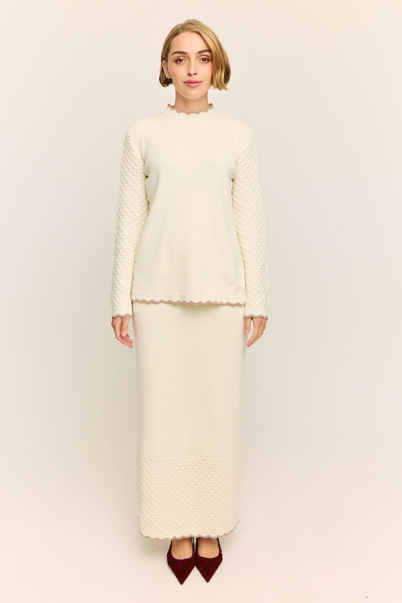 Camellia Scallop Knit Maxi Skirt Buttercream