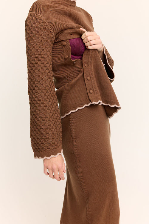 Jasmine Scallop Knit Nursing Sweater Chocolate